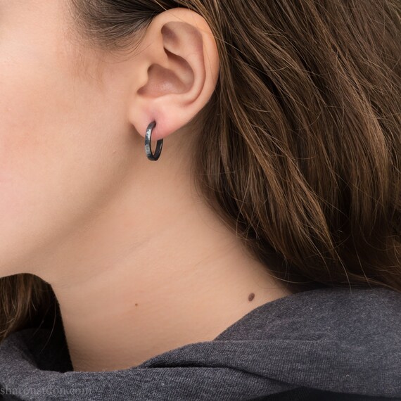 16 X 2mm 925 Sterling Silver Hoop Earrings Oxidized Black Hammered Solid Silver Unique High Quality Handmade Gift Etsy