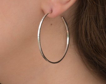 50mm 925 sterling hoop earrings | Solid hammered silver | Unique, high quality handmade gift