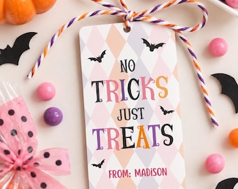 Etiquetas de regalo de Halloween editables, etiqueta de recuerdo de Halloween de fantasma rosa para la clase, etiquetas de truco o trato, bolsas de dulces imprimibles, etiquetas de dulces escolares HT33