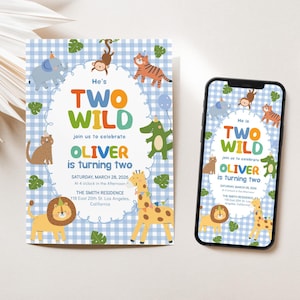 Invitación de cumpleaños con temática de safari para niño, editable y colorida, para su segundo cumpleaños, con temática de animales de la jungla, BD40