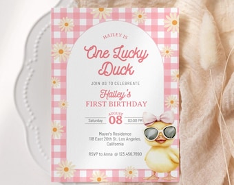 Editable One Lucky Duck Birthday Invitation, Cute Yellow Duck Invite, Pink Duck First Birthday Girl Party, Duck Theme Birthday, BD32