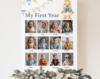 Editable Duck Birthday Photo Milestone Poster Printable Baby Boy First Birthday One Year Milestone Board Template  BD15