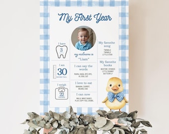 Editable Milestone Board, My First Birthday Millstone Sign, Yellow Duck Milestone Poster, One Lucky Duck Birthday Decor for Boy, BD22