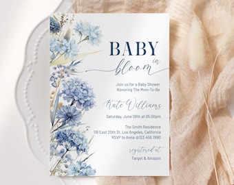 Dusty Blue Baby in Bloom Baby Shower Invitation, Dusty Blue Floral Boy Baby Shower Invite, Baby Boy in Bloom Invite, Blue Baby Shower, BS03