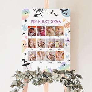 Tablero de hitos de una foto espeluznante, editable, pastel, Halloween, póster de fotos del primer año, hito, primer día de abucheo, letrero de hito, decoración fantasma BD16