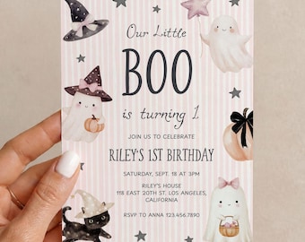Little Boo 1st Birthday Invitation Pink Spooky Whimsical Birthday Theme for Girl  BD56