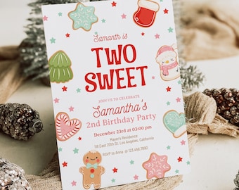 Editable Christmas Cookie 2nd Birthday Invitation Gingerbread Holiday Party Oh Snap Two Sweet Theme Invite for Kids CBD11