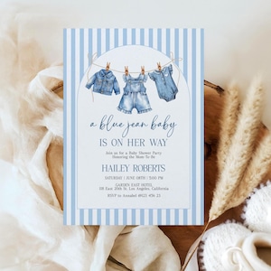 Editable Blue Jean Baby Shower Invitation, Denim Baby Girl Invite, Clothesline Baby Shower Theme, Blue Jean Girl Baby Party Invite, BS36