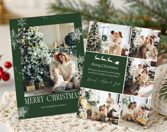 May include: Two Christmas cards with family photos. One card has a photo of a family in front of a Christmas tree and the words "Merry Christmas". The other card has multiple family photos and the words "Merry Christmas". The cards are on a white surface with holiday decorations.
