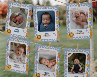 First Birthday Photo Banner Party Animals Monthly Photo Card Birthday Milestone Banner Canva Template BD42