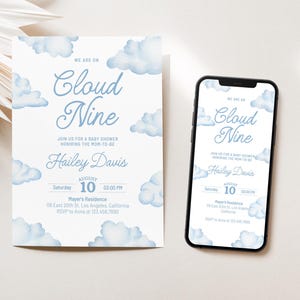 Cloud 9 Baby Shower Invitation Editable We Are On Cloud Nine Baby Invite Blue Clouds Baby Party On Cloud 9 Boy Baby Shower Theme