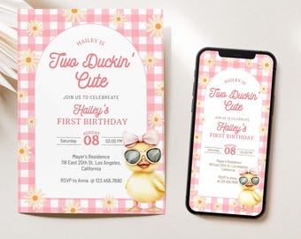 Editable Duck Birthday Invitation Two Duckin Cute Invite Lucky Duck 2nd Birthday Party Duck Duck Deuce Theme for Girl BD32