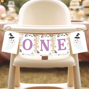 Highchair Spooky One Birthday Banner Printable Pastel Halloween Birthday Buntings Cute Ghost Birthday Banner, Halloween Party Decor BD16