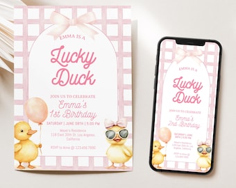 Editable Lucky Duck Birthday Invitation, Lucky Duck Birthday Invite, Yellow Duck Birthday Theme, Pink Gingham Lucky Duck Girl Invite BD8