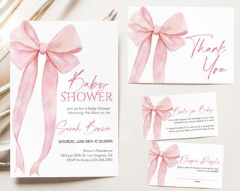 Pink Bow Baby Shower Invitation Editable Girl Theme Shower Invite