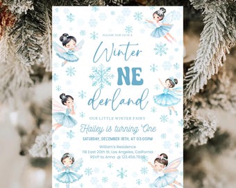 May include: A white invitation card with a winter theme. The card features the text "Winter NE derland" and illustrations of fairies and snowflakes. The card also includes event details such as the date, time, and location.