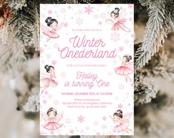 May include: A white invitation card with a winter theme. The card features illustrations of fairies in pink dresses and snowflakes. Text includes "Winter Onederland" and "Hailey is turning One".