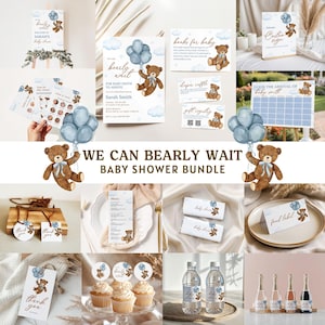 May include: A collection of baby shower decorations and stationery. The items include invitations, signs, cupcake toppers, water bottle labels, and champagne bottles. The theme features a teddy bear holding blue balloons, with the text "We Can Bearly Wait".