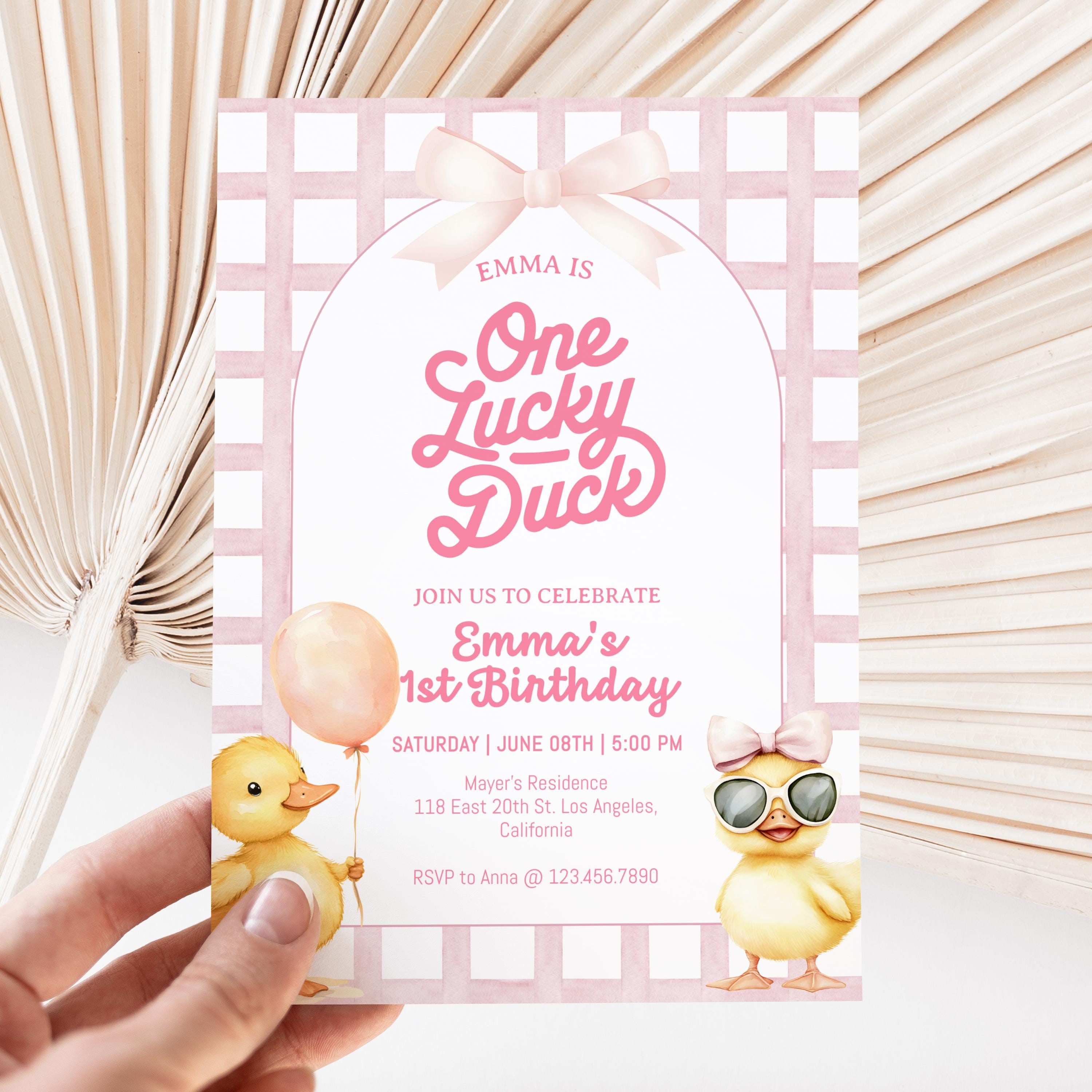 One Lucky Duck Birthday Invitation, Editable One Lucky Duck First Birthday Invite, Yellow Duck Birthday Theme, Lucky Duck Girl Invite BD8