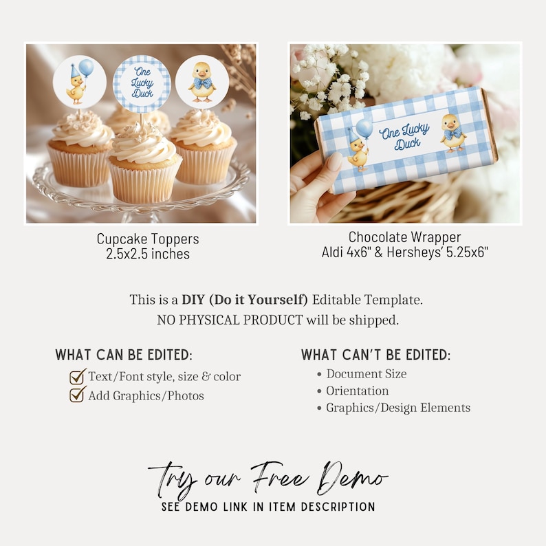 May include: The image showcases cupcake toppers and a chocolate wrapper with a duck theme. The cupcake toppers are 2.5x2.5 inches, and the chocolate wrapper is designed for Aldi 4x6" and Hershey's 5.25x6" bars. The text "One Lucky Duck" is visible.