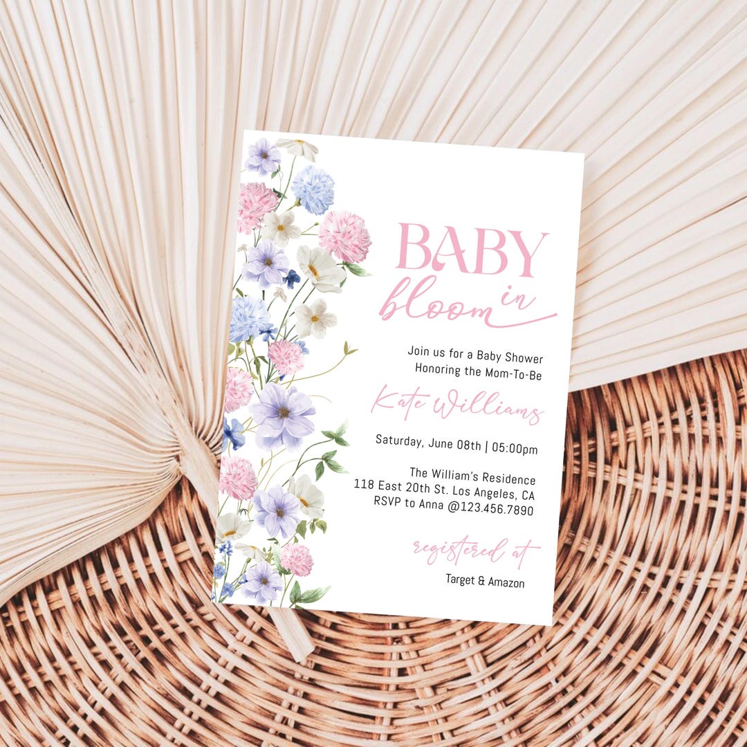 Baby in Bloom Pink and Blue Floral Baby Shower Invitation, Editable ...