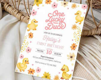 Editable One Lucky Duck Birthday Invitation, Cute Yellow Duck First Birthday Invite, One Cute Duck Invite, One Lucky Duck Girl Invite, BD14