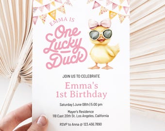 Editable One Lucky Duck Birthday Invitation, Cute Yellow Duck First Birthday Invite, One Silly Goose Invite, One Lucky Duck Girl Invite, BD9