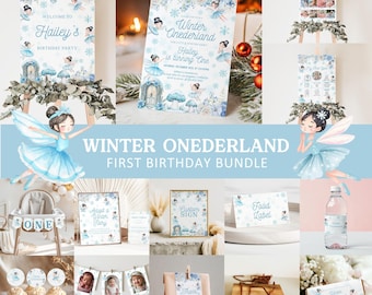 May include: A Winter Onederland first birthday party bundle featuring blue and white fairy-themed signage, cupcake toppers, photo banners, food labels, water bottle wrappers, and thank you tags, all decorated with illustrations of fairies and snowflakes.