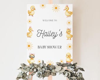 Plantilla editable de cartel de bienvenida para baby shower con diseño de patito amarillo, imprimible, BS31