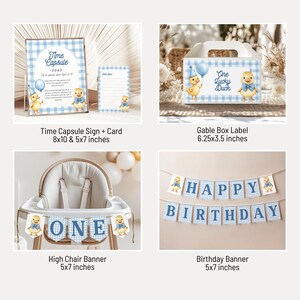May include: A collection of baby shower decorations with a blue and white gingham pattern and duckling theme. Includes a time capsule sign, a gable box label, a high chair banner, and a birthday banner. The time capsule sign is 8x10 inches, and the card is 5x7 inches.