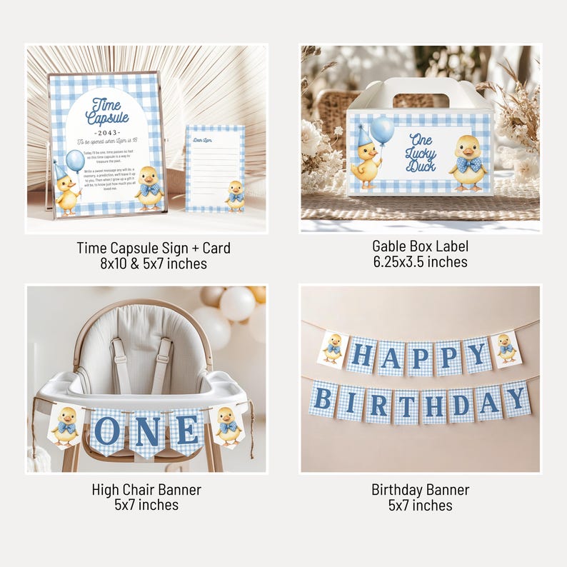 May include: A collection of baby shower decorations with a blue and white gingham pattern and duckling theme. Includes a time capsule sign, a gable box label, a high chair banner, and a birthday banner. The time capsule sign is 8x10 inches, and the card is 5x7 inches.