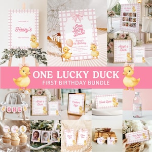 One Lucky Duck First Birthday Bundle Editable Duck First Birthday Pack Girl Yellow Duck 1st Birthday Bundle Decor Barnyard Pink Party BD08