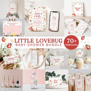 Zestaw zaproszeń na baby shower Love Bug, edytowalne zaproszenie Little Lovebug Baby, Red Bug Girl Baby Shower, Floral Mushroom Baby Shower, BBS16