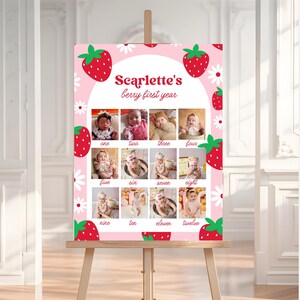 Beere Erster Geburtstag Foto Meilensteintafel, bearbeitbares Erdbeere 1. Geburtstag Meilenstein Poster, Beere Süßes Foto Meilensteinschild, BD01