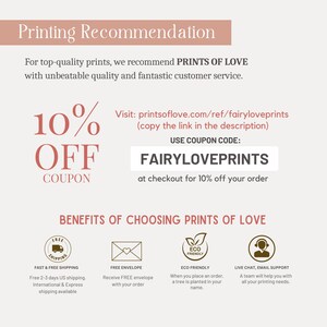 May include: A promotional graphic with text about printing services. It includes a 10% off coupon with the code FAIRYLOVEPRINTS. The graphic also highlights benefits like free shipping, free envelopes, eco-friendly practices, and live chat support.