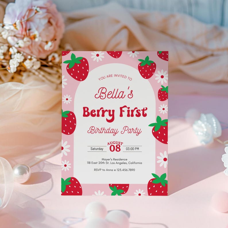 Editable Berry First Birthday Invitation, Strawberry 1st Birthday Girl ...