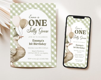One Silly Goose Birthday Invitation, Editable Silly Goose First Birthday Invite, Goose 1st Birthday, One Lucky Duck Birthday Invitation, BD6