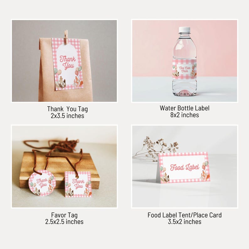 K&ouml;nnte beinhalten: Eine Sammlung von Partyartikeln mit rosa Vichy-Muster. Enth&auml;lt ein "Thank You"-Etikett, ein Wasserflaschenetikett, Gastgeschenkanh&auml;nger und Tischkarten f&uuml;r Lebensmittel. Die Etiketten zeigen Illustrationen von Ballons und einem Hasen. Das Wasserflaschenetikett misst 20,3 x 5,1 cm.
