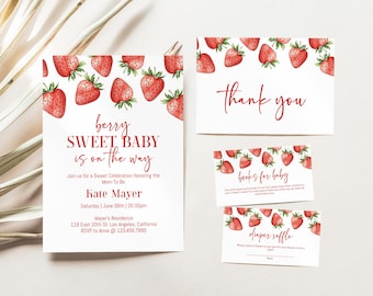 May include: A baby shower invitation with a strawberry theme. The invitation features a red and white colour scheme with the text "berry sweet baby is on the way". The invitation also includes the name "Kate Mayer" and the date and time of the shower. There are also three smaller cards with the text "thank you", "books for baby", and "diaper raffle".