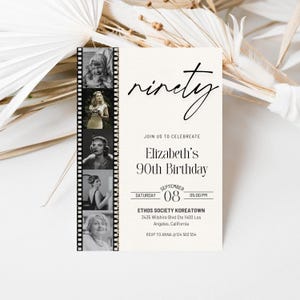 Editable 90th birthday party invitation template with photos.