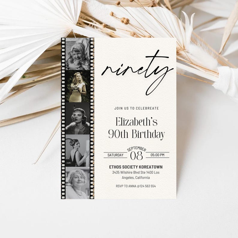 Editable 90th birthday party invitation template with photos.
