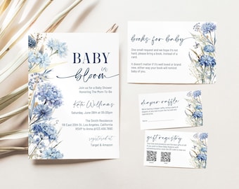 Editable Baby In Bloom Dusty Blue Baby Shower Invitation Set With Blue Floral Design For Baby Shower Party, BS03