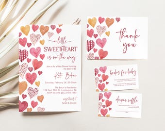 May include: A baby shower invitation with a watercolor design of pink and orange hearts. The invitation reads "A little sweetheart is on the way" and includes the name "Kate Baker".