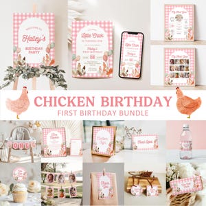 Editable pink chicken birthday bundle, cute chick birthday set, barnyard party package, chicken 1st birthday decor for Girl.