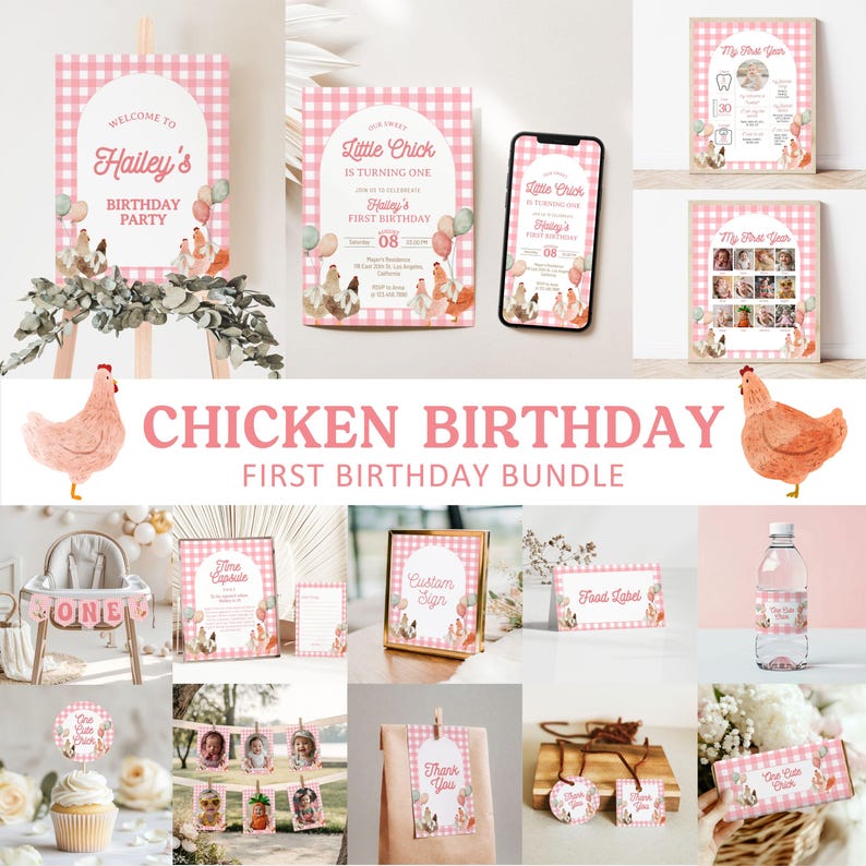 Editable pink chicken birthday bundle, cute chick birthday set, barnyard party package, chicken 1st birthday decor for Girl.