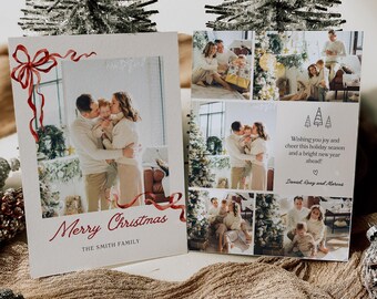 Editable Holiday Photo Card Template Christmas Bow Family Photo Card Happy Holidays Greeting Card Minimalist Family Photo Collage CPC07