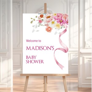 Editable Pink Baby in Bloom Baby Shower Welcome Sign Wildflower Baby Party Sign Spring Baby Sign Bow Baby Decor Baby Bloom Girl Shower BS21