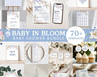 Blue Baby in Bloom Bundle, Dusty Blue Floral Baby Shower, Blue Baby in Bloom Baby Shower Invitation, Blue Baby Shower Decor, Baby Boy, BS07
