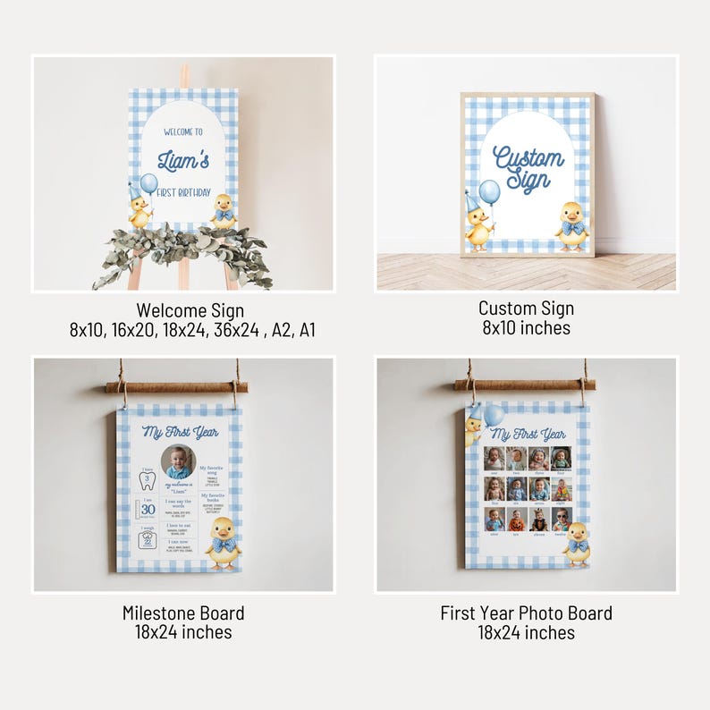 May include: A collection of baby shower signs and milestone boards. The signs feature a blue gingham pattern, duck illustrations, and text such as "Welcome to Liam's First Birthday" and "Custom Sign." The milestone boards are 18x24 inches.