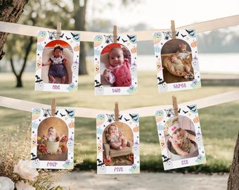 Spooky One Photo Banner Editable Pastel Halloween First Birthday Photo Banner Milestone Photo Buntings Cute Ghost Photo Birthday Decor BD16